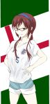  1girl 2014_fifa_world_cup brown_hair collarbone crest danny1128 english_flag eyelashes glasses green_eyes hairband hands_on_hips looking_at_viewer low_twintails makinami_mari_illustrious neon_genesis_evangelion outline pale_skin rebuild_of_evangelion red-framed_glasses shirt shorts simple_background soccer_uniform solo sportswear t-shirt thighs twintails white_shirt world_cup 