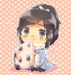  1boy black_hair blue_eyes blush bridal_gauntlets chibi daifukumochi eating food food_on_face hakama haori high_ponytail japanese_clothes kie_(sbms1997) long_hair male_focus mame_daifuku_(food) mochi oversized_object scarf shinsengumi sitting solo touken_ranbu wagashi white_scarf yamato-no-kami_yasusada 