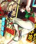  1boy 1girl braid brown_hair chinese_clothes double_bun indesign long_hair ninja scarf short_hair strider_(video_game) strider_hiryuu ton_pooh tonfa twin_braids weapon 