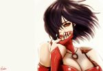  1girl black_hair breasts cleavage esther face_mask fangs hair_over_one_eye large_breasts lips looking_at_viewer mask mask_pull mileena mortal_kombat ninja nose orange_eyes short_hair solo upper_body 