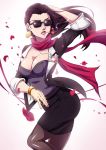  blurry breasts brown_hair cigarette cleavage earrings gradient gradient_background hand_behind_head jacket jewelry jojo_no_kimyou_na_bouken lisa_lisa necklace pantyhose petals red_stone_of_aja scarf scott_bennett skirt smoke sparkle sunglasses 
