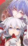  1girl alternate_eye_color blue_hair bow braid fang gloves gradient_hair hair_bow hair_ornament izayoi_sakuya kumonji_aruto long_sleeves looking_at_another looking_at_viewer looking_up mouth_hold multicolored_hair puffy_sleeves purple_hair red_eyes remilia_scarlet short_hair silver_hair slit_pupils solo sweatdrop tears throne touhou twin_braids violet_eyes white_gloves younger 