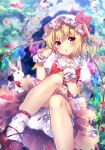  1girl blonde_hair bloomers dress flandre_scarlet flower hat hat_ribbon looking_at_viewer mob_cap open_mouth petals puffy_short_sleeves puffy_sleeves rabbit red_dress red_eyes ribbon riichu sash shirt short_sleeves side_ponytail solo sparkle touhou underwear upskirt wings wrist_cuffs 
