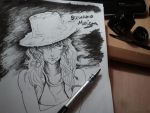  1girl armband character_name crossed_arms hair_over_one_eye hat inkwell looking_at_viewer monochrome moriya_suwako mouth_hold paintbrush payot pen photo straw_hat touhou tres-iques wheat 