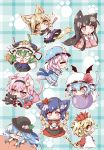  ! 6+girls ? animal_ears arm_strap ball bat_wings black_hair blonde_hair blue_dress blue_hair bow cat_ears cat_tail chestnut_mouth chibi closed_eyes dango dress drooling eating fang flying_sweatdrops food fruit green_hair hair_ornament hairband hat hat_ribbon heart hinanawi_tenshi houraisan_kaguya kaenbyou_rin kaenbyou_rin_(cat) kemonomimi_mode komeiji_satori legacy_of_lunatic_kingdom long_hair long_sleeves lying mirror mob_cap multiple_girls musical_note neko_yume on_back open_mouth paw_print peach pink_eyes pink_hair purple_hair remilia_scarlet ribbon ritual_baton rod_of_remorse rope saigyouji_yuyuko sash shiki_eiki shimenawa shirt short_hair silver_hair skirt sleeping smile sparkle spoken_exclamation_mark spoken_question_mark tail tail_wagging third_eye tiger_ears tiger_print tiger_tail touhou toyosatomimi_no_miko triangular_headpiece very_long_hair wagashi wide_sleeves wings yasaka_kanako yellow_eyes zzz 