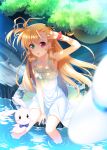  1girl :o blonde_hair blush dress green_eyes hair_ribbon hat hat_removed headwear_removed heterochromia highres long_hair looking_at_viewer lyrical_nanoha mahou_shoujo_lyrical_nanoha_vivid open_mouth raiou red_eyes ribbon shade side_ponytail sitting soaking_feet solo stuffed_animal stuffed_bunny stuffed_toy sun_hat sundress vivio water 