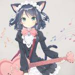 1girl animal_ears bell black_hair blush cat_ears cat_tail curly_hair cyan_(show_by_rock!!) dress drill_hair green_eyes guitar instrument jingle_bell looking_at_viewer musical_note peko show_by_rock!! smile solo tail 