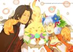  1boy 1girl beard brown_hair cape dunban facial_hair flower grey_hair hair_flower hair_ornament head_wings melia poncotsu-scooter riki_(xenoblade) silver_hair xenoblade 