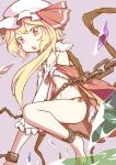  1girl bare_legs barefoot blonde_hair blush chain cuffs detached_sleeves flandre_scarlet hat highres open_mouth panties red_eyes shackles short_hair side-tie_panties side_ponytail sokutenkun solo touhou underwear wings 