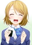  1girl ^_^ ^o^ blazer bow brown_hair closed_eyes dated eating facing_viewer food food_on_face heart koizumi_hanayo love_live!_school_idol_project onigiri open_mouth rice_on_face school_uniform short_hair solo suzume_miku upper_body 