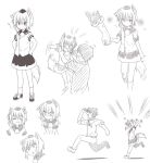  1boy 1girl :d ^_^ adapted_costume anger_vein angry bandaid blush bruise chasing closed_eyes embarrassed faceless faceless_male flailing hat injury inubashiri_momiji kazawa_(tonzura-d) lifting_person monochrome open_mouth shirt sketch skirt smile tokin_hat torn_clothes touhou younger 