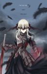  1girl absurdres armor armored_dress black_feathers blood bloody_tears covered_eyes fate/stay_night fate_(series) gauntlets highres holding holding_sword holding_weapon long_hair noboru_(pixiv8503150) saber saber_alter silver_hair solo sword weapon 