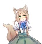  1girl animal_ears bow brown_hair fox_ears fox_tail green_eyes long_hair looking_at_viewer monorus original simple_background skirt smile solo suspenders tail white_background 