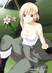  black_gloves blonde_hair blue_eyes boots breasts car cleavage clothes_around_waist flower gloves jacket_around_waist large_breasts lily_(tenkuu_no_lily) looking_at_viewer masya motor_vehicle short_hair side_ponytail sitting sleeveless smile tenkuu_no_lily vehicle 