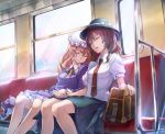  2girls bag blonde_hair brown_hair closed_eyes dress essual_(layer_world) holding_hands interlocked_fingers juliet_sleeves long_sleeves maribel_hearn mob_cap multiple_girls necktie puffy_short_sleeves puffy_sleeves purple_dress short_sleeves sitting sleeping smile touhou train train_interior usami_renko yuri 