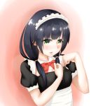  1girl black_hair blush green_eyes looking_at_viewer low_twintails maid maid_headdress miken portrait red_bowtie shirobako simple_background solo twintails yasuhara_ema 