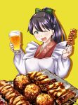  alcohol beer food houshou_(kantai_collection) kantai_collection meat one_eye_closed ponytail smile yuzu_momo 