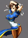 1girl arms_up bracelet breasts brown_eyes brown_hair brown_legwear bun_cover china_dress chinese_clothes chun-li cowboy_shot double_bun esther eyeliner jewelry large_breasts makeup pantyhose pelvic_curtain sash short_hair signature slender_waist solo spiked_bracelet spikes street_fighter 