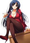  1girl absurdres blue_hair breasts brown_eyes business_suit cleavage crossed_legs high_heels highres large_breasts long_hair pantyhose pointer simple_background smile solo tomose_shunsaku white_background 