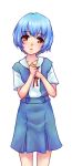  1girl ayanami_rei blue_hair blue_skirt blush hands_together head_tilt highres looking_at_viewer monorus neon_genesis_evangelion red_eyes short_hair simple_background skirt solo white_background younger 