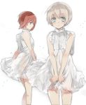  2girls alternate_costume bangs bare_shoulders blonde_hair blue_eyes blunt_bangs brown_eyes brown_hair dress kantai_collection looking_at_viewer multiple_girls short_hair simple_background slaughter_z smile white_background white_dress z1_leberecht_maass_(kantai_collection) z3_max_schultz_(kantai_collection) 