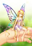 1girl anklet bare_shoulders barefoot blonde_hair blush brooch butterfly_wings dress fairy flower hair_flower hair_ornament hands highres jewelry legs long_hair nail_polish navel original out_of_frame pointy_ears red_eyes sitting smile solo toenail_polish wings 