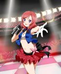 1girl armpits butterfly flower frolaytia gloves glowstick highres looking_at_viewer love_live!_school_idol_project microphone midriff mound_of_venus navel nishikino_maki redhead short_hair singing solo violet_eyes 