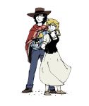  1boy 1girl a_fistful_of_dollars alternate_costume arms_behind_back ascot belt black_hair blonde_hair blue_shirt boots brown_shoes clint_eastwood collared_shirt cowboy_hat denim dress freckles frown genderswap grey_dress gun hakurei_reimu hand_on_another&#039;s_shoulder hat highres kirisame_marisa long_sleeves looking_back no_hat parody revolver serious shinmera shirt shoes short_hair simple_background socks sombrero standing touhou trigram vest weapon western white_background 