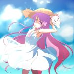  1girl alternate_costume armpits bare_arms bare_shoulders blue_sky cato_(monocatienus) clouds dress face_mask fox_mask hat hata_no_kokoro long_hair looking_at_viewer mask pink_eyes pink_hair sky sleeveless sleeveless_dress solo straw_hat sundress touhou very_long_hair white_dress 