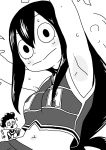  1boy 1girl :&gt; armpits arms_up asui_tsuyu blush boku_no_hero_academia cheering cheerleader hair_rings long_hair low-tied_long_hair minoru_mineta monochrome navel o_den pom_poms simple_background skirt solo_focus sweat tank_top white_background wide-eyed 