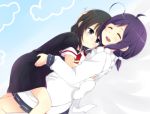  2girls ^_^ ahoge closed_eyes dutch_angle hug kantai_collection multiple_girls no_legwear open_mouth shigure_(kantai_collection) smile tagme taigei_(kantai_collection) younger yukichi_(eikichi) 