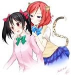  !? 2girls black_hair blush bow cutie_panther dated hair_bow heart licking_lips looking_at_another love_live!_school_idol_project multiple_girls narrowed_eyes nishikino_maki open_mouth panther_ears panther_tail pink_sweater red_eyes redhead school_uniform signature skirt surprised suzume_miku tongue tongue_out twintails violet_eyes yazawa_nico 