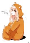  1girl animal_costume artist_name barefoot blush_stickers doma_umaru hamster_costume highres himouto!_umaru-chan ishida_sui long_hair pink_hair red_eyes simple_background sitting solo white_background 