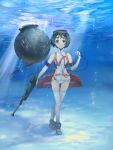  1girl black_hair brown_eyes bubble diving_mask elbow_gloves full_body gloves kantai_collection light_rays looking_at_viewer maru-yu_(kantai_collection) re_(tori) school_swimsuit short_hair smile solo standing swimsuit thigh-highs underwater walking weapon white_legwear white_school_swimsuit white_swimsuit 