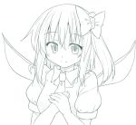  1girl bow daiyousei dress fairy_wings hair_bow hands_on_own_chest kazawa_(tonzura-d) monochrome shirt side_ponytail sketch smile touhou wings 