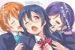  3girls blue_hair blush green_eyes hitsuji_(hitsuji_kikaku) hoshizora_rin love_live!_school_idol_project multiple_girls one_eye_closed open_mouth orange_hair purple_hair ribbon school_uniform smelling_hair sonoda_umi toujou_nozomi twintails yellow_eyes 