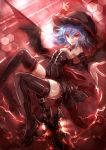  1girl 60mai alternate_color bare_shoulders bat_wings blue_hair detached_sleeves fang hat red_eyes remilia_scarlet short_hair smile solo thigh-highs touhou wings 