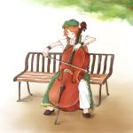  1girl bow_(instrument) braid cello chinese_clothes flat_cap green_eyes hat hong_meiling instrument long_hair looking_down mitsu_(mitu_ll) outdoors park_bench redhead short_sleeves sketch smile solo star touhou tree wrist_cuffs 
