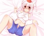  1girl animal_ears bare_shoulders bed blush breasts detached_sleeves hat highres inubashiri_momiji large_breasts looking_at_viewer lying midriff navel open_mouth pom_pom_(clothes) red_eyes short_hair silver_hair solo spread_legs tail tokin_hat touhou wolf_ears wolf_tail 