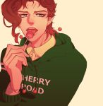  1boy cherry clothes_writing doromaso food fruit highres jojo_no_kimyou_na_bouken kakyouin_noriaki redhead solo sweater 