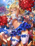  arm_up armpits black_hair blonde_hair blue_eyes cheerleader confetti crowd female furyou_michi_~gang_road~ grin high_heels highres jumping lace lace-trimmed_thighhighs long_hair looking_at_viewer male midriff multiple_boys multiple_girls navel one_eye_closed pom_poms short_hair skirt sky smile solo_focus thigh-highs violet_eyes wally waving where&#039;s_wally white_legwear xaxak zettai_ryouiki 