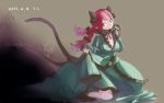  1girl animal_ears braid breasts cat_ears cat_tail cleavage dress green_dress kaenbyou_rin kneeling large_breasts long_hair looking_at_viewer multiple_tails namauni paw_pose red_eyes redhead solo tail touhou twin_braids 