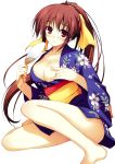  1girl absurdres breasts brown_eyes brown_hair cleavage fan highres long_hair looking_at_viewer parted_lips ponytail raised_eyebrows simple_background solo thighs tomose_shunsaku white_background 
