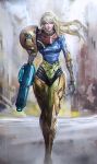  arm_cannon armor blonde_hair bodysuit broken_armor longai metroid power_armor samus_aran scar scar_across_eye weapon 