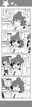  +++ 2girls 4koma :d checkered checkered_skirt comic commentary_request hat highres himekaidou_hatate monochrome multiple_girls musical_note necktie open_mouth shameimaru_aya short_hair short_sleeves sitting skirt smile thigh-highs touhou translation_request twintails yuuki._(limit) 