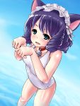  1girl animal_ears bell black_hair cat_ears cat_tail collar curly_hair cyan_(show_by_rock!!) green_eyes noukou paw_pose school_swimsuit show_by_rock!! swimsuit tail white_school_swimsuit white_swimsuit 