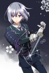  1boy gloves honebami_toushirou izumi_rion male_focus military military_uniform necktie silver_hair sode sword touken_ranbu uniform violet_eyes wakizashi weapon white_gloves 