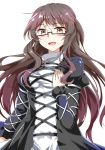  1girl alternate_hair_color bespectacled black-framed_glasses blush brown_eyes dress e.o. glasses gradient_hair grey_hair highres hijiri_byakuren layered_dress long_hair long_sleeves looking_at_viewer multicolored_hair open_mouth puffy_sleeves purple_hair simple_background smile solo touhou turtleneck white_background 