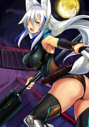  1girl animal_ears fox_ears fox_tail haik highres original silver_hair solo tail thigh-highs weapon yellow_eyes 