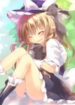  1girl black_dress bow braid cat closed_eyes dress hat hat_bow jin_rikuri kirisame_marisa long_sleeves open_mouth puffy_short_sleeves puffy_sleeves shirt short_sleeves single_braid sitting smile solo thighs touhou witch_hat 